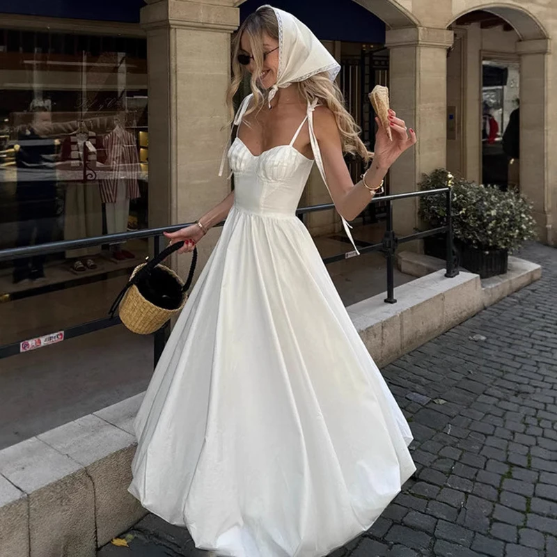 

Tornova White Spaghetti Strap Maxi Dress Women's Sleeveless High Waist A-line Dress Summer Vacation Party Female Suspender Dress