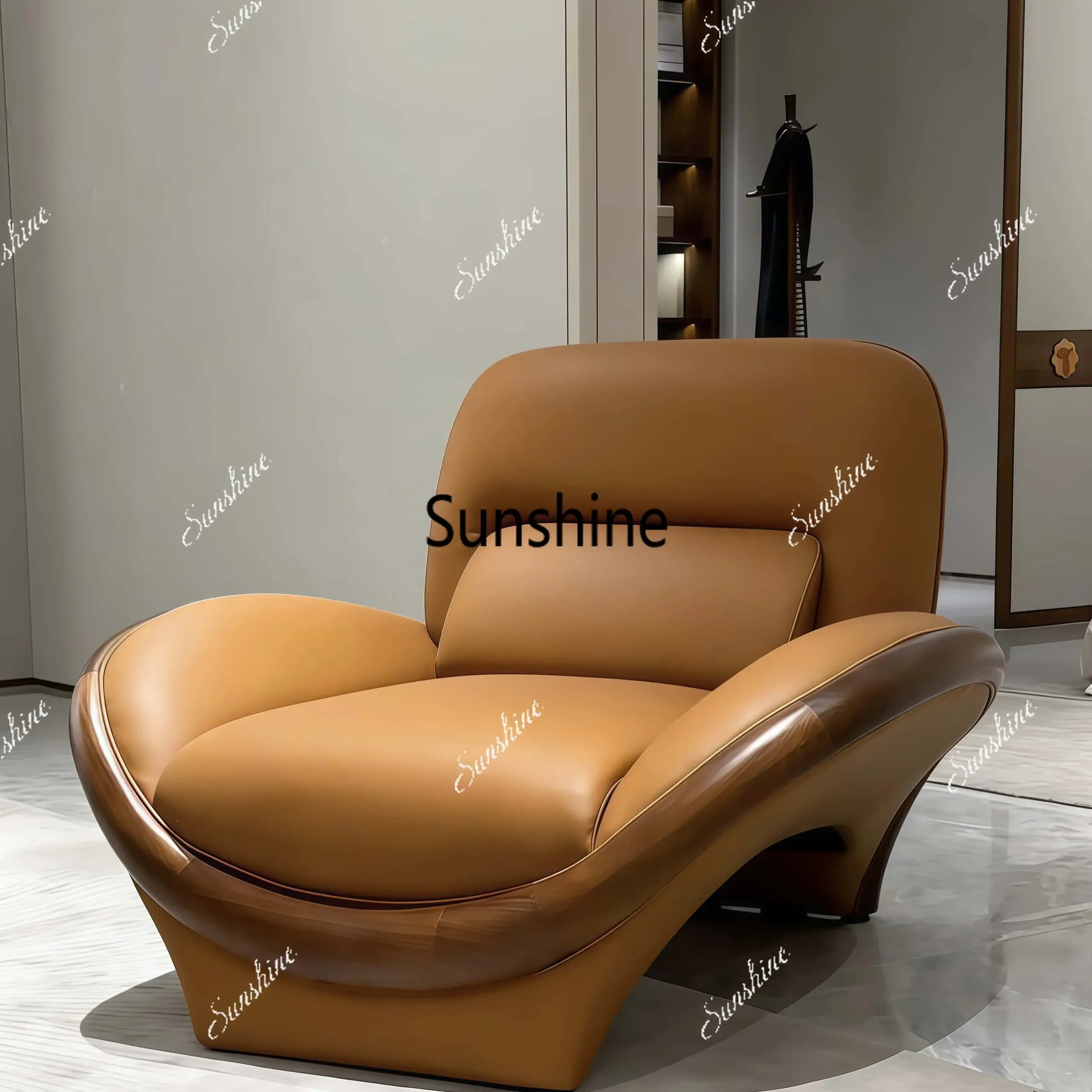 

New Chinese curved lazy solid wood sofa home office commuter earth tone