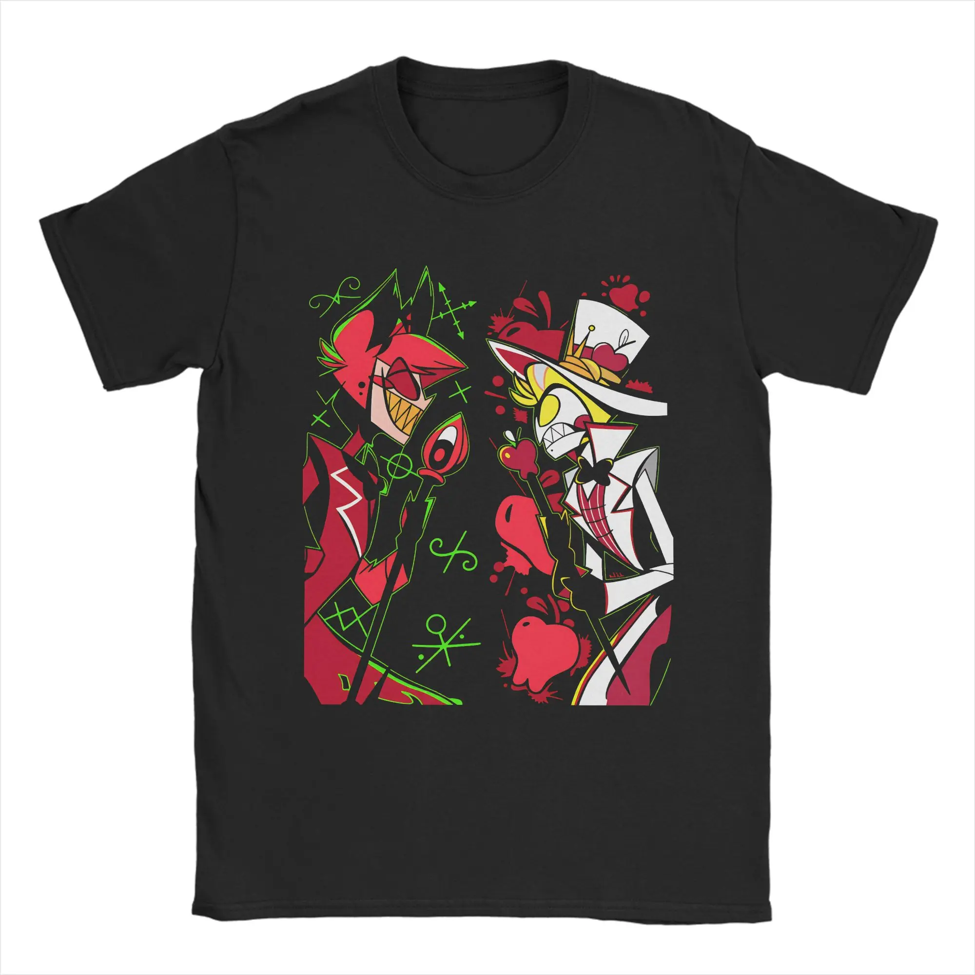 Men's T-Shirt Anime Hazbin Hotel Alastor VS Lucifer Funny Cotton Tee Shirt Short Sleeve  T Shirt Crewneck Clothing Classic