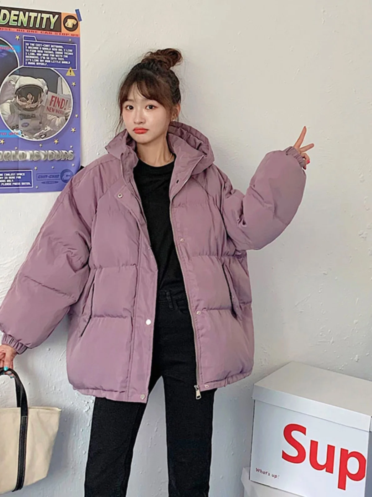 

Loose Women's Cotton Jacket Korean Style Bread Coat Ins New 2023 Student Fashion Outerwear Winter Thickened Zipper Closure