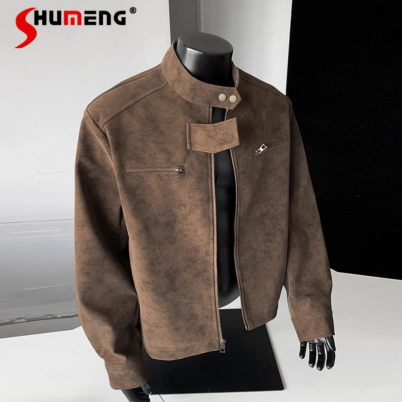 

Fashion Stand Collar Faux Leather Jackets Men 2025 Autumn New Flight Motorcycle Jackets Solid Color Long Sleeve Baseball Coats