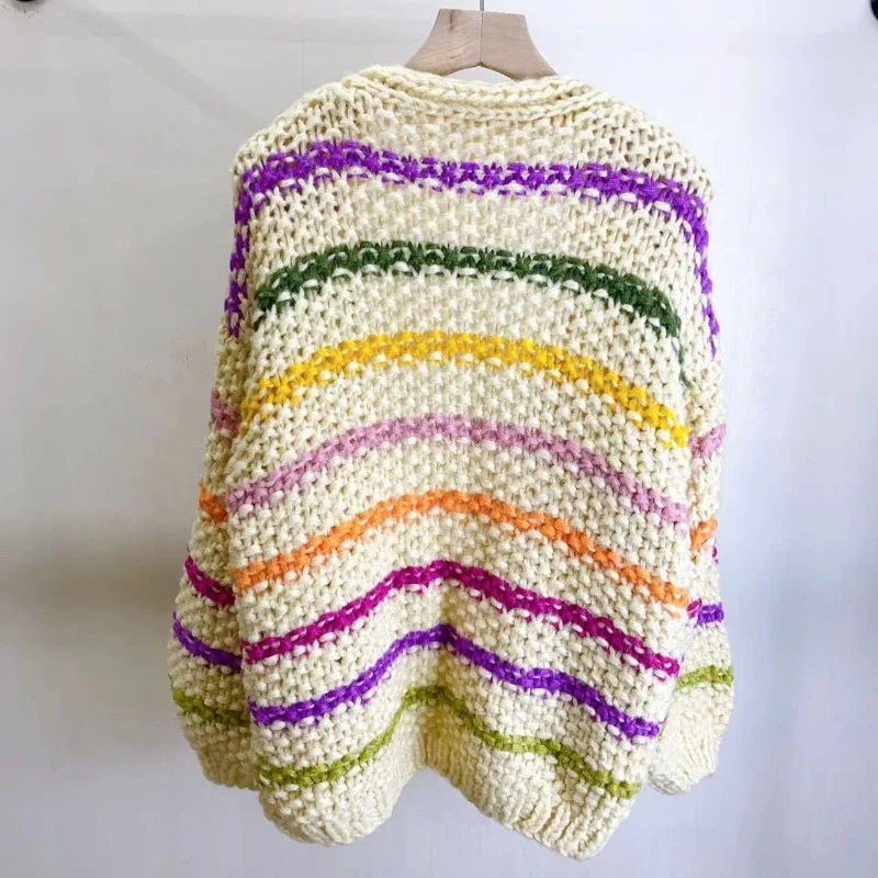 2023 Autumn/Winter New in Women Chunky Mohair Cardigan V-neck Rainbow Color Handmade Knit Striped Sweater Bohemian Style