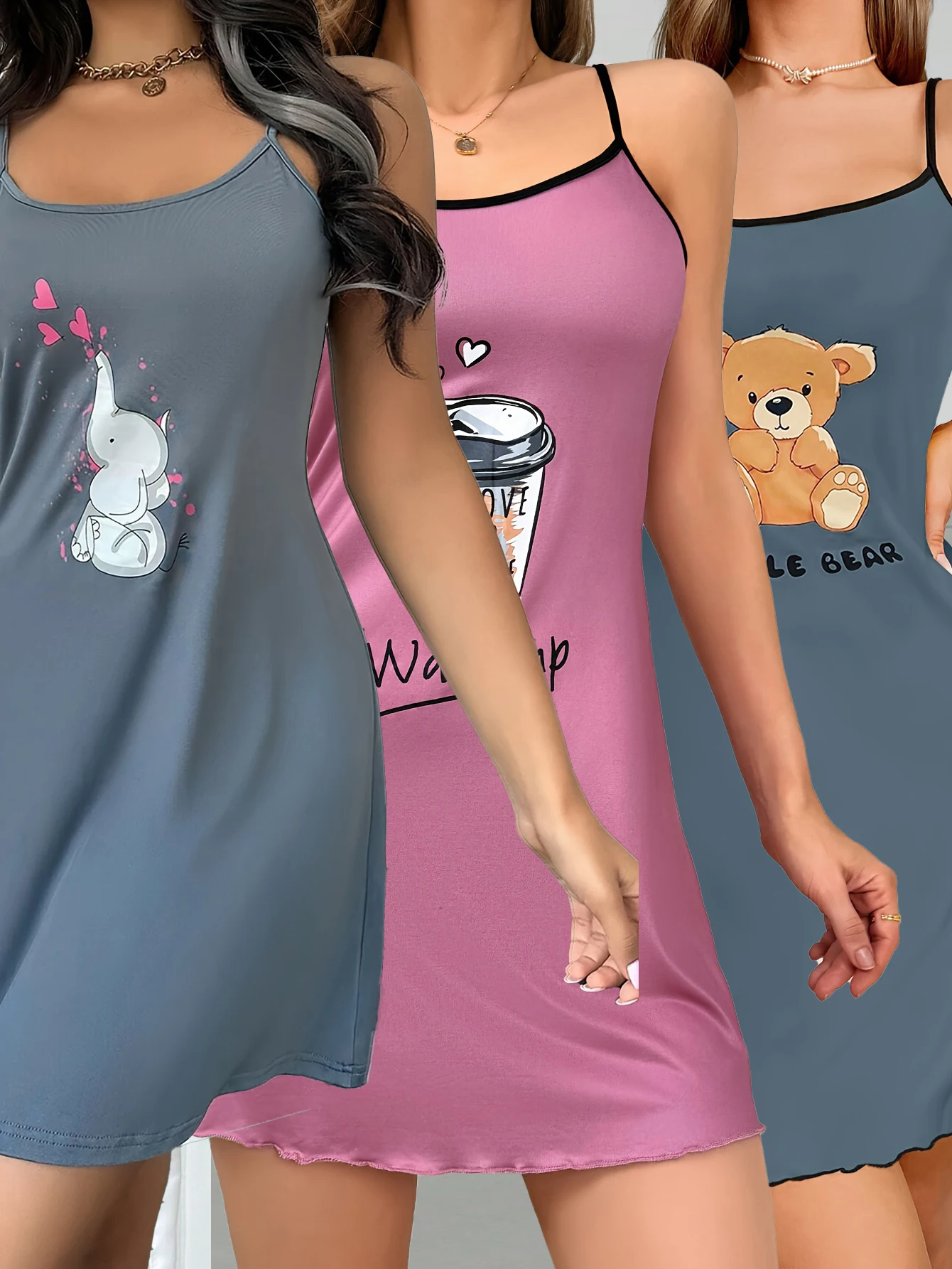 

Новый комплект домашней короткой юбки из трех частей с мультяшным принтом медведя и ночной рубашкой на бретелях для женщин.