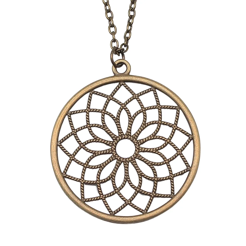 Vintage Antique Bronze Color 49x49mm Round Flower Of Life Pendant Necklace For Women Men Long Chain Trendy Jewelry Accessories