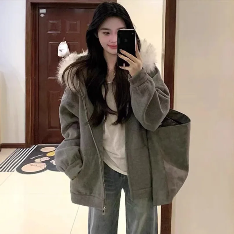 

Женское пальто с меховым капюшоном, осень-зима 2022, женская утепленная куртка на флисовой подкладке, парки с капюшоном, свободный ленивый короткий повседневный топ