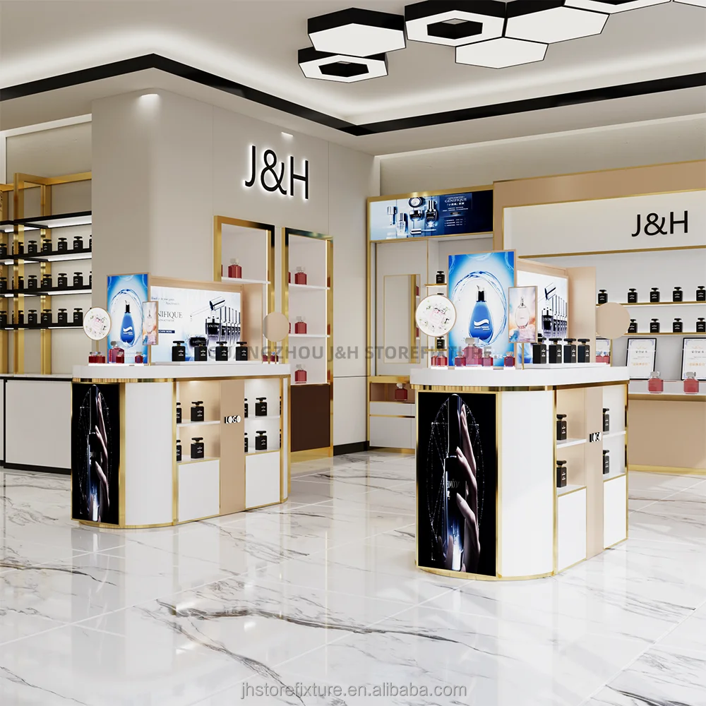 ออกแบบตกแต่งตู้โชว์น้ำหอมแบบคีออสก์ ตู้เคาน์เตอร์ไม้แบบกำหนดเอง ชั้นวางน้ำหอม