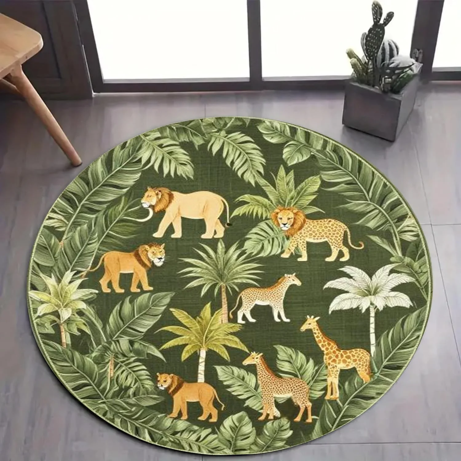 Tropical Jungle Round Rug for Bedroom, 4ft, Tropical Wildlife Runner Carpet Lion Tiger Giraffe Carpets for Entryway Non-Slip Mat