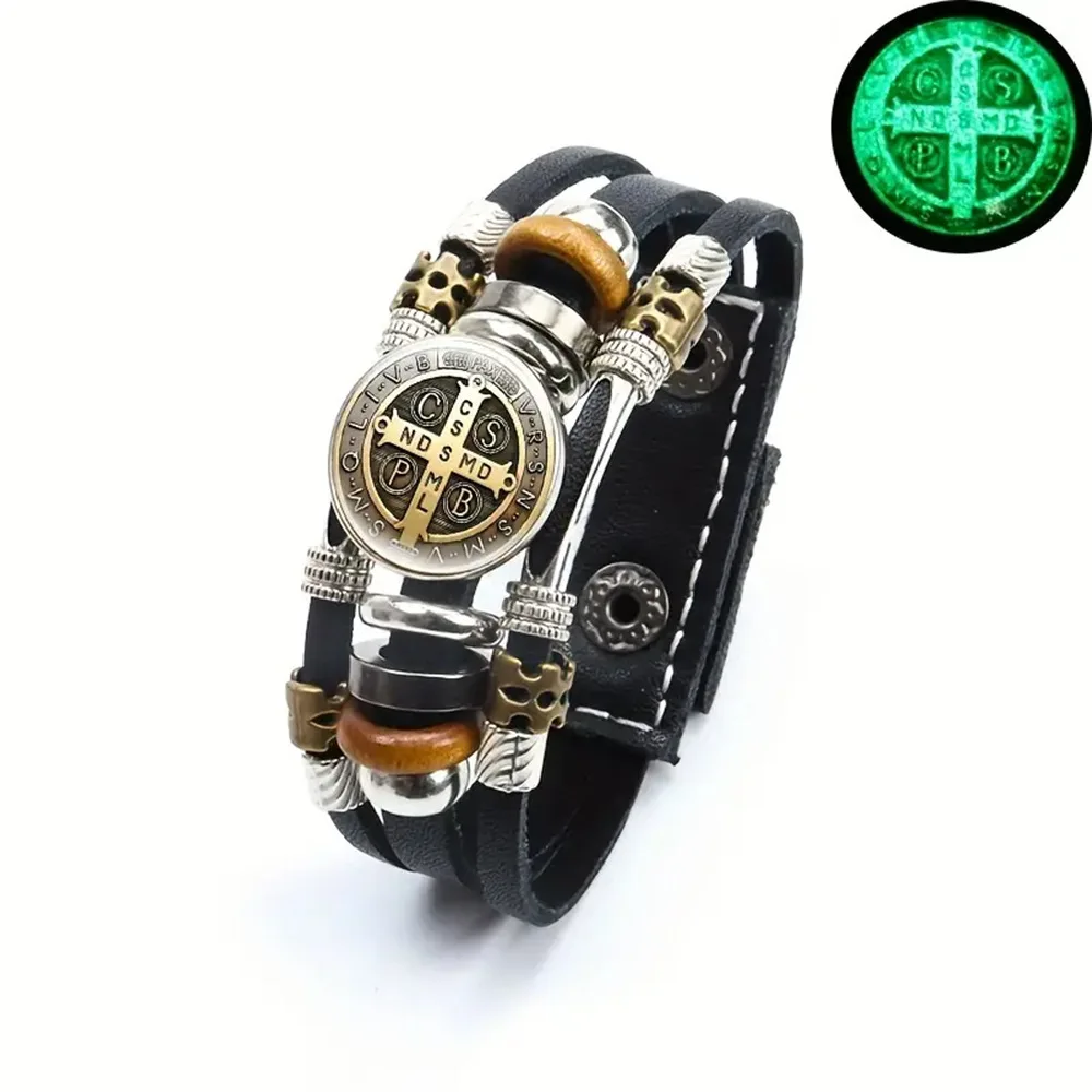 Saint Benedict Medal Leather Bracelet Catholic San Benito Glass Dome Snap Buttons Bangles Men Women Jewelry Accessories