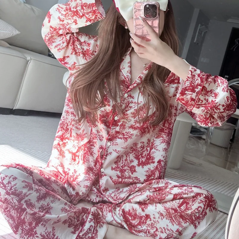 Pajamas Spring Summer Women Sleepwear Trouser Suit Print Flower Long Sleeve Pijamas Lounge Wear Loose Casual Home Wear Nightwear