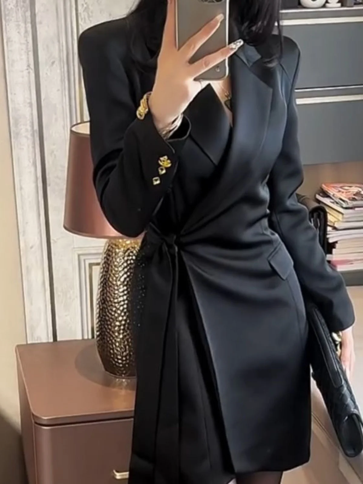 

Elegant Ladylike Belted Dress Women's Spring Autumn Hong Kong Style Slimming Versatile Midi Length Waist Cinching Skirt