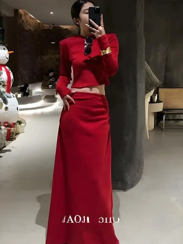 

Fashionable Korean Style Women's Suit Set Red Long Sleeve round Neck Slim Fit Spring Collection Shoulder Padded Two Piece Ens...