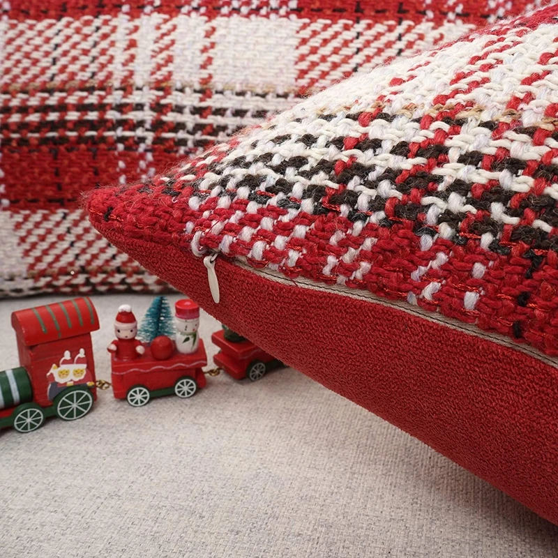 1/2pcs Red Plaid Throw Pillow Covers 30x50cm 45x45cm 50x50cm Knitted Tartan Check, Sequin Accents, Winter Farmhouse Pillowcase