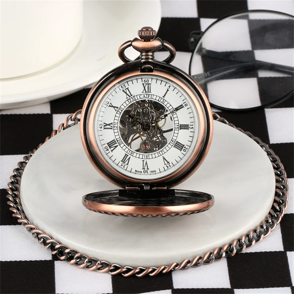 Rose Gold Vapor Trem Mecânico Mão Enrolamento Relógio de bolso dos homens numerais romanos Dial Luxo Antique Manual Timepiece Presente Masculino