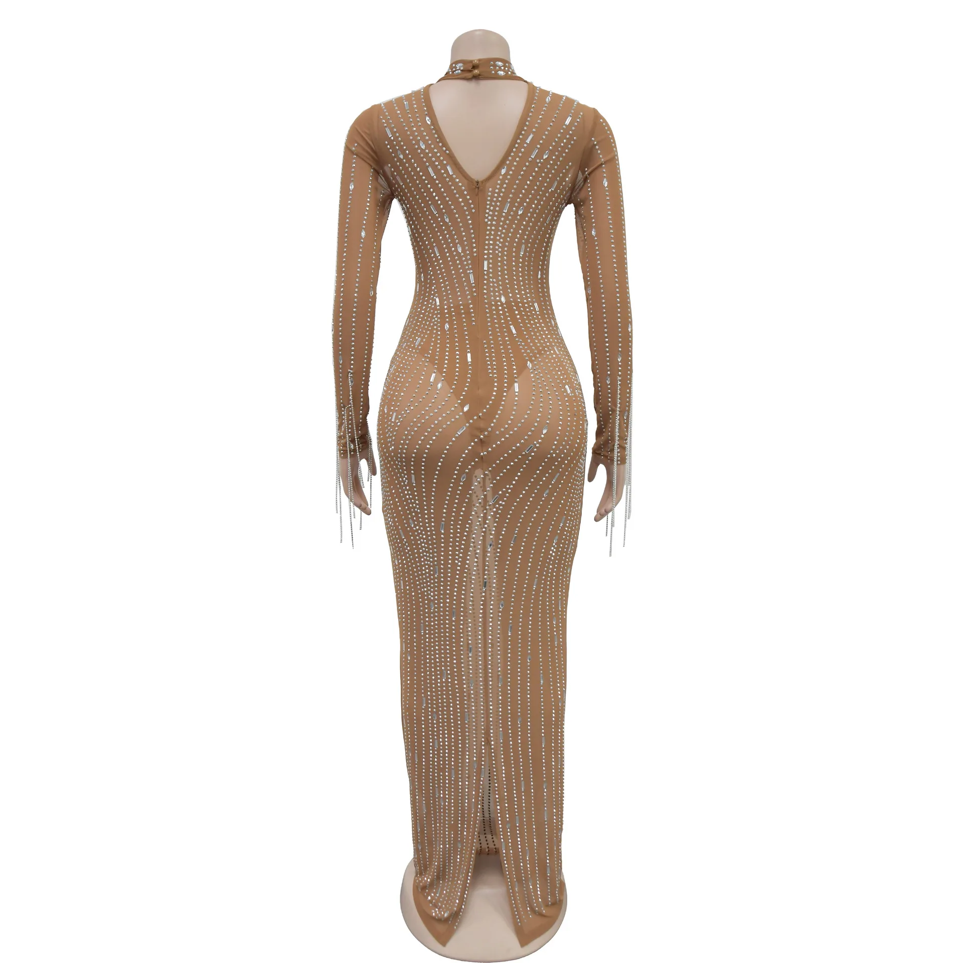 Neue Mode Sexy Lange Hülse O-ansatz Pailletten Mesh Sheer Einfarbig Slim Fit Mantel Bodenlangen Kleid Für Frauen, 2 farben