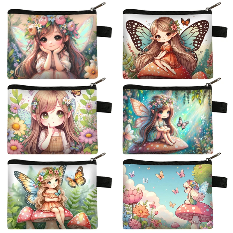 Watercolor Mushroom Fairy Coin Bag Cartoon Flowers Fairy Girls Coin Money Bags Credit Card Holder Small Wallet Zipper Pouch Gift