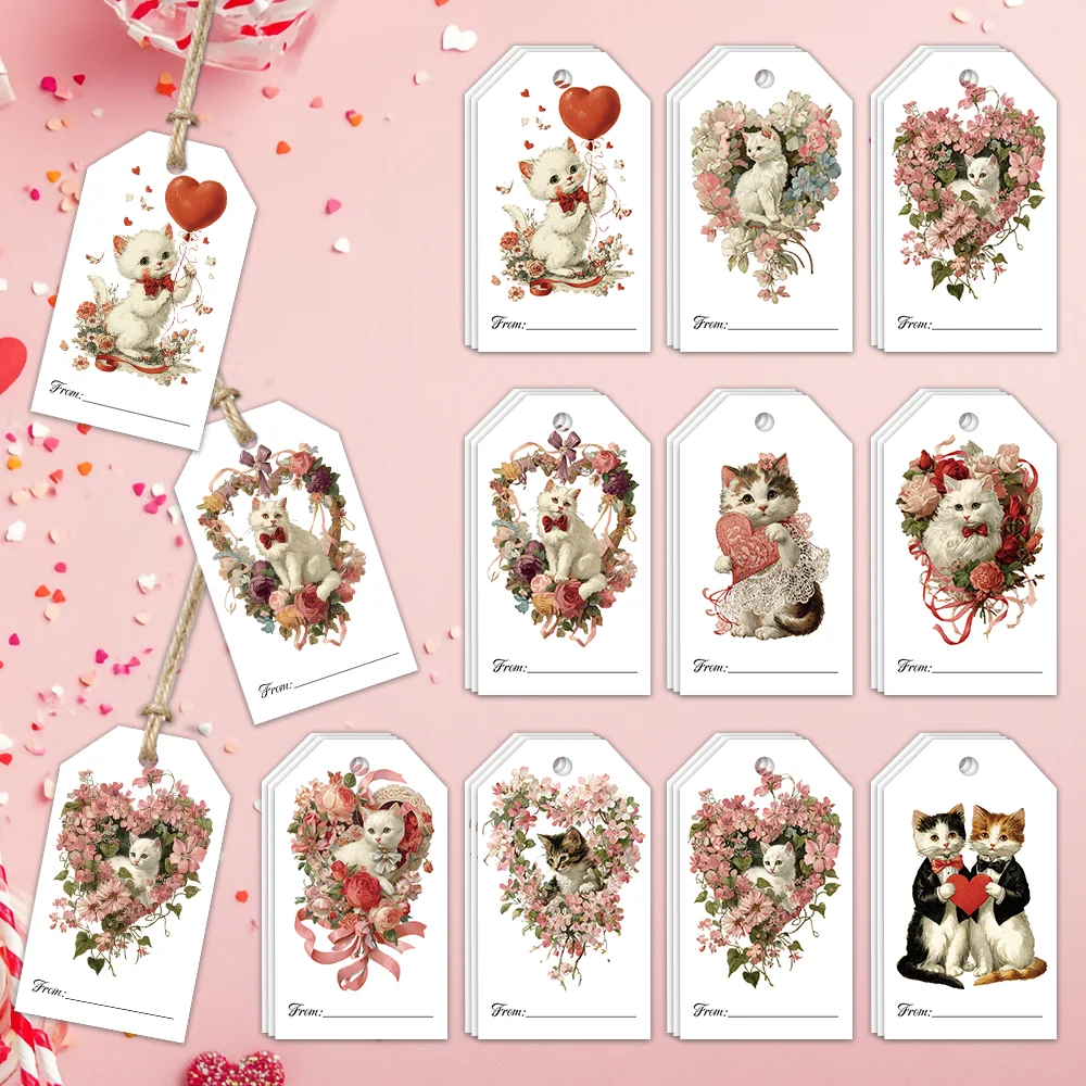 40pcs Valentine's Day Cat Love Decorative Tags, Aesthetic Gift Labels, Party Decoration,Handmade Packaging Accents,Colorful Rope