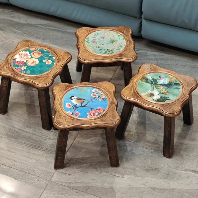 ‌Distressed Wood Farmhouse Stool Ottoman‌ Stackable Round Footrest with 300lbs Capacity Rustic Living Room/Entryway Decor