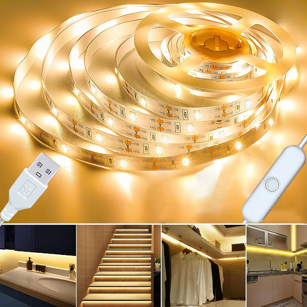 DC 5V LED Strip Lights USB Powered Warm White With Button Controlled for Bedroom Home Gaming Room Party TV Wall Decor