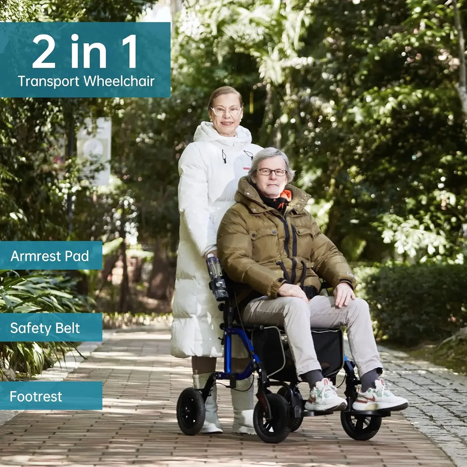 All-Terrain 2-in-1-Gehhilfe und Transportstuhl, zusammenklappbarer Rollstuhl mit 10 Zoll nicht pneumatischen Rädern, Senioren-Rollstuhl Senjoren