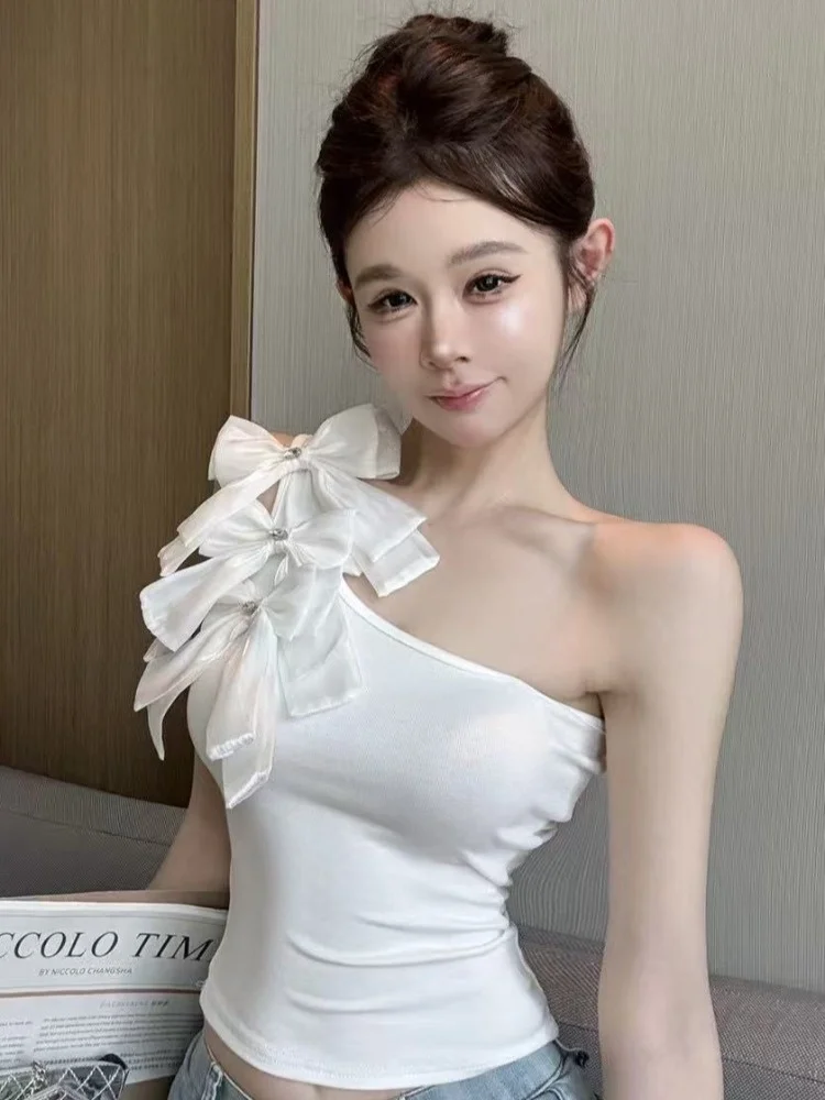 

Pure Desire Spicy Girl Side Shoulder Sleeveless Vest Women's Summer New Knot Design Sensation Strap Top