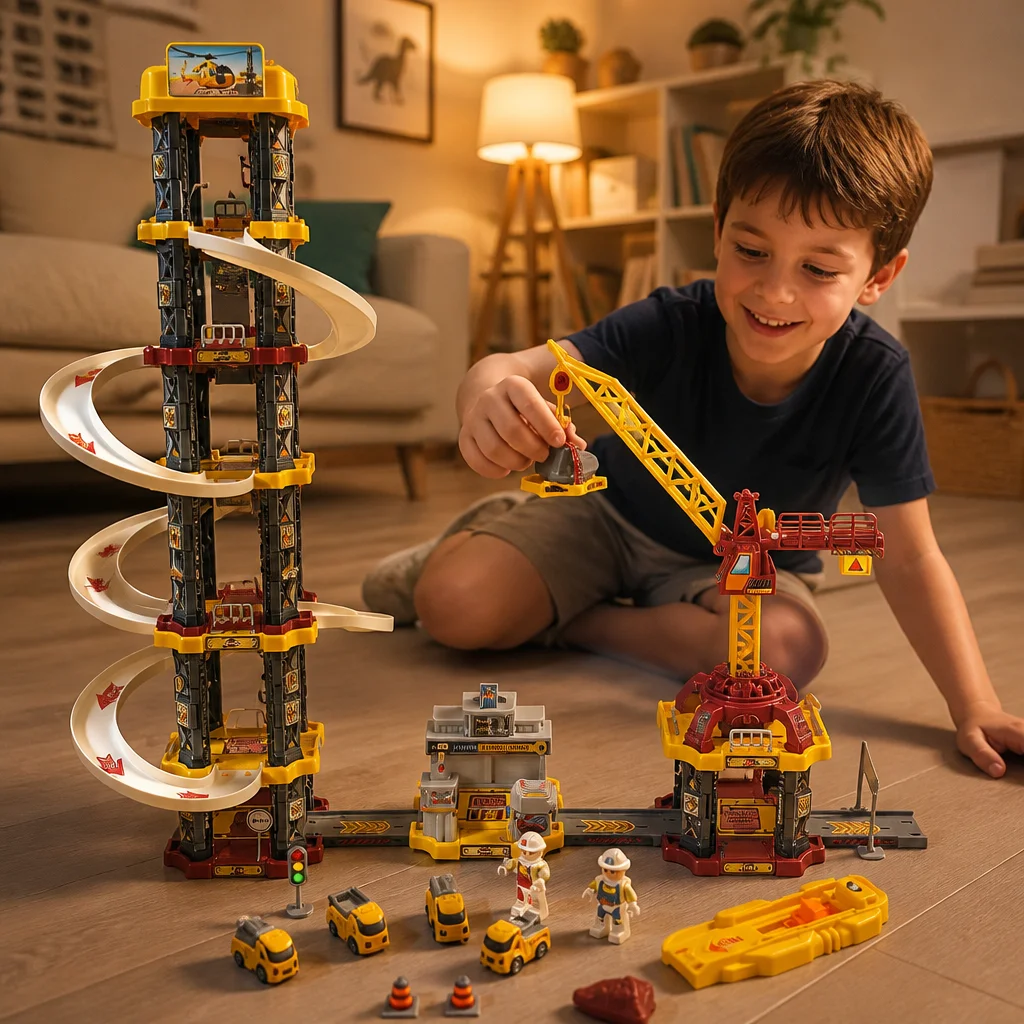 

Boy's large eight story engineering series rail car toy with suspension tower, children's parking lot toy (color random)