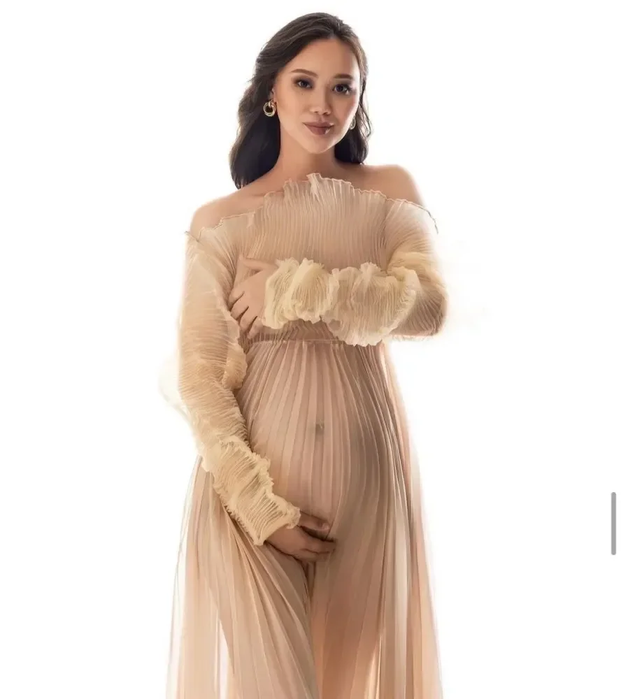 Pretty Pleat Maternity Dress Floor Length See Through Pregnant Off Shoulder Full Sleeve Maternity Dress Photoshoot Babyshowe