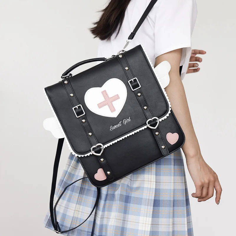 Japanese Cartoon Anime Sweet Backpacks Cute Kawaii Heart Angel Wings Girls JK Schoolbags Y2k Women Preppy Casual Backpack