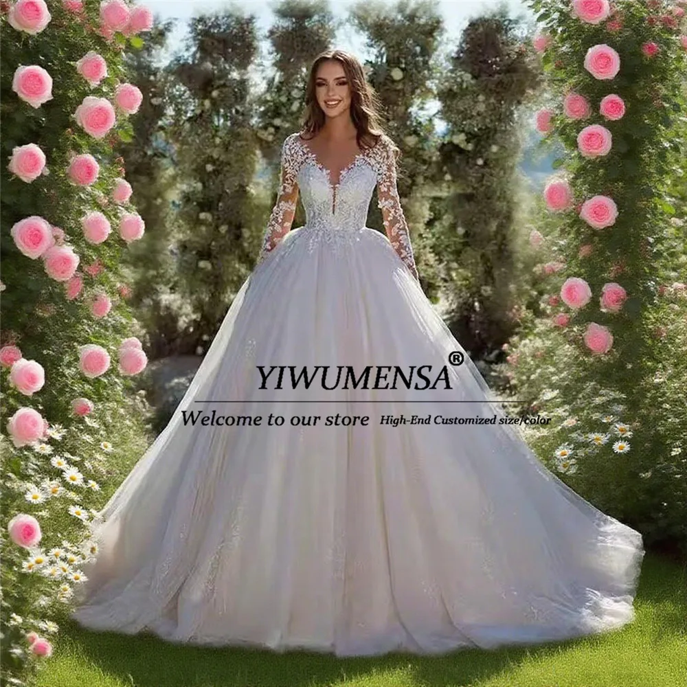 

Brilliant Tull Train Illusion Wedding Dresses For Bride V Neck Button Back Europe Long Sleeves A Line Bridal Gowns Customized