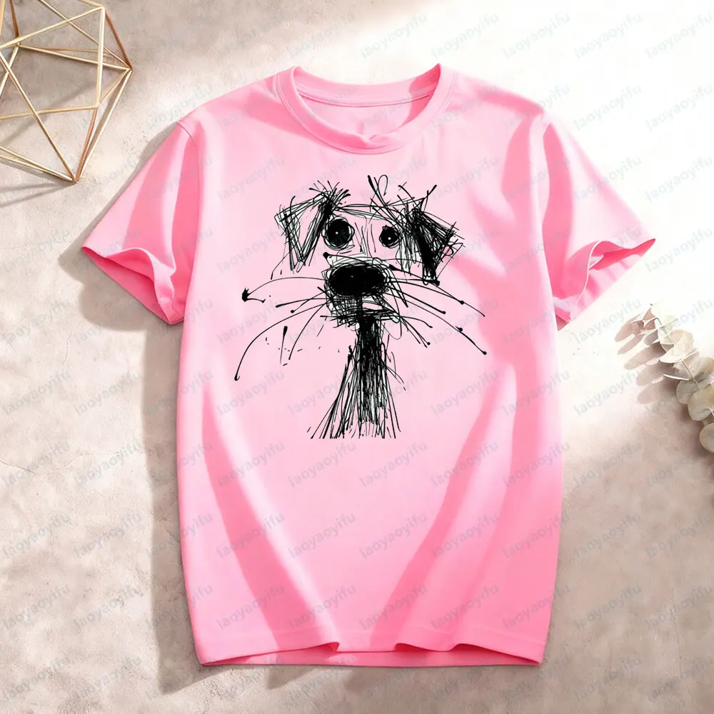 The Cute Scribbly Dog Tshirt Unique Line Design Printed Shirt Women Daily Life Cotton Tee Dog Lover Gift Clothing Dogs Mama Tops
