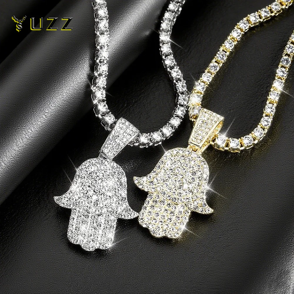 Men's Women Hip Hop Hamsa Hand Pendants Necklaces With 4mm Crystal Tennis Chain Punk  Rapper Jewelry Hiphop Style Couple Gifts