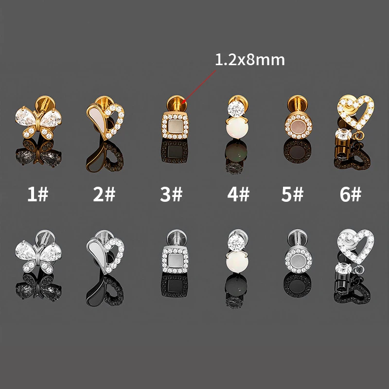 1PC G23 Titanium Zircon Butterfly Heart Pendant Ear Stud Internal Thread Lip Stud Conch Cartilage Tragus Labret Piercing Jewelry