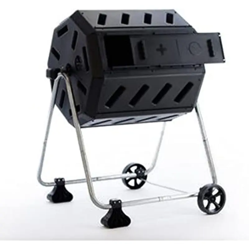 Dual-chamber rotating compost bin with integrated wheels and ergonomic handholds, octagonal steel-reinforced design, 37-gallon t