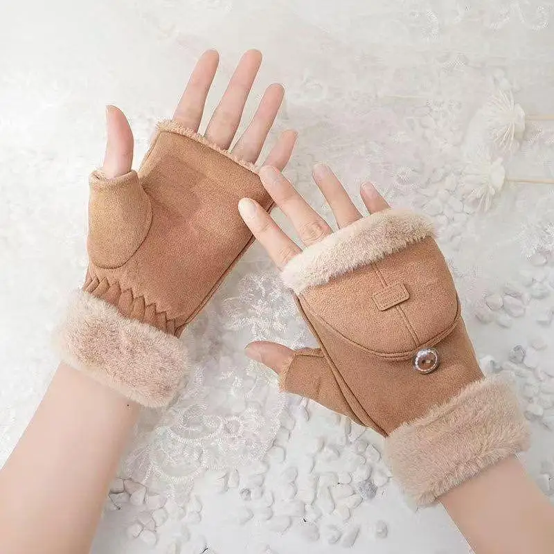 أزياء المرأة الجلد المدبوغ قفازات الوجه غطاء دافئ المخملية القفاز شاشة تعمل باللمس نصف اصبع القفازات الحرارية في الهواء الطلق الكتابة قفازات ركوب الدراجات #5