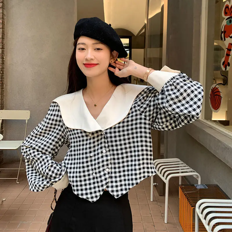 Plaid Shirt Double-Breasted Patchwork Design Women'S Spring French Shirt 2024 New Style Foreign Style Age-Reducing Short Top