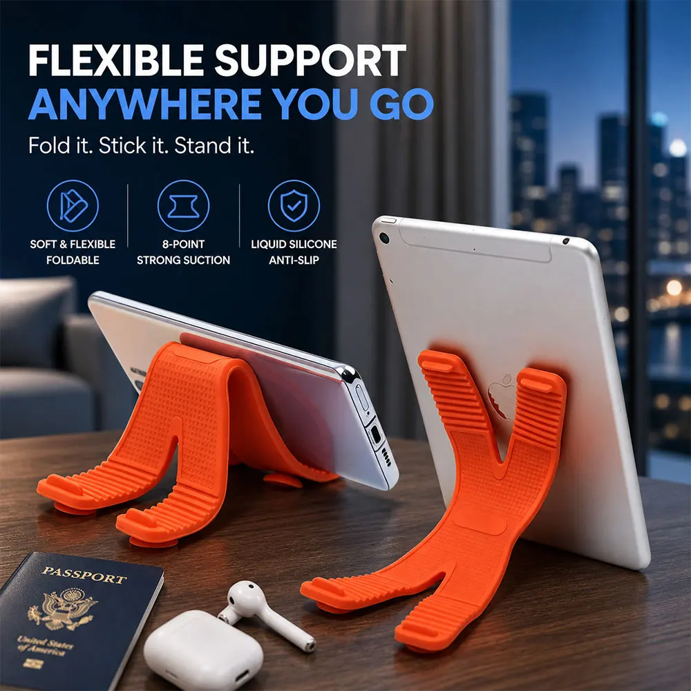 Phone Stand Desktop Suction Cup Strong Hold Bendable Silicone Grip Foldable Compact Scratch-Proof Universal Cradle