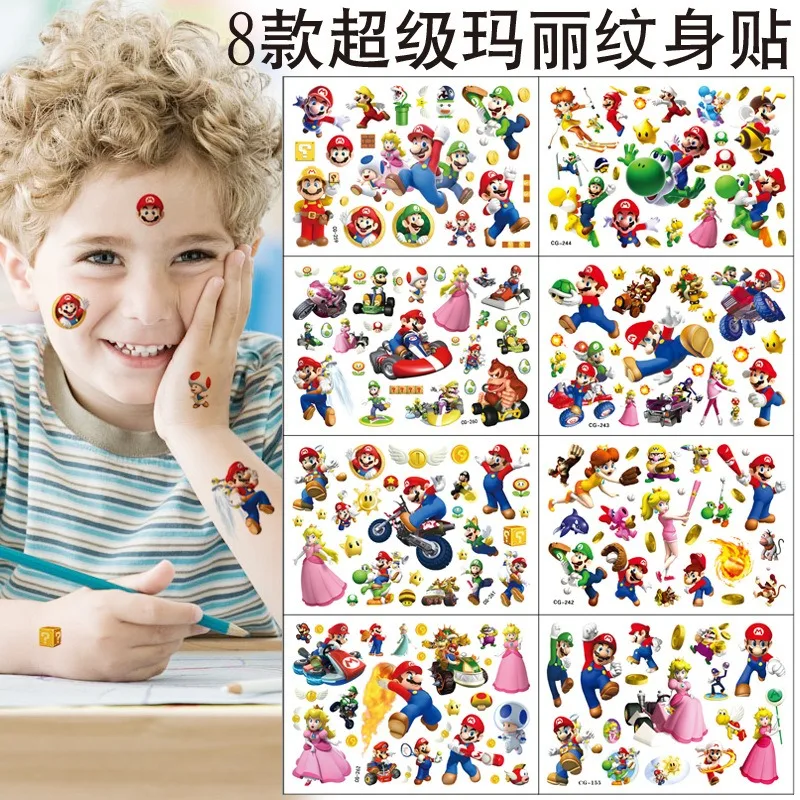 8styles Super Mary Series Cartoons Tattoo Stickers Mario Bros Luigi Yoshi Bowser Anime Figure Stickers Toys Children Partys Gift