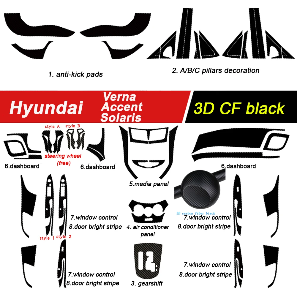 For Hyundai Solaris Accent Verna Car-Styling 3D/5D Carbon Fiber Car Interior Center Console Color Change Molding Sticker Decals