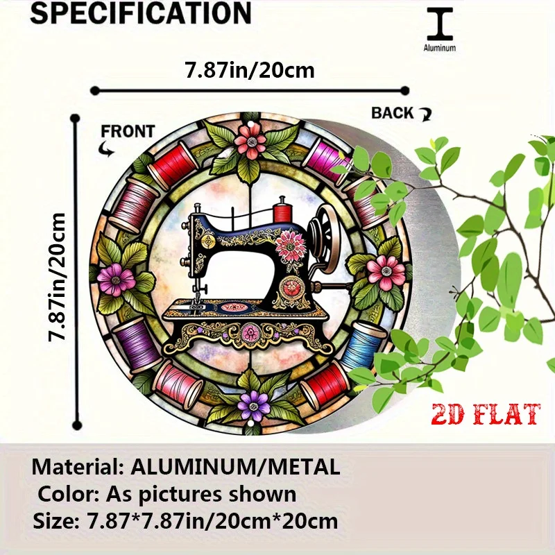 2D Flat - Classic 2D Flat Round Aluminum Sign, Embroidery Tools Metal Tin Sign - Vintage Rustic Wall Art for Sewers, Floral Desi