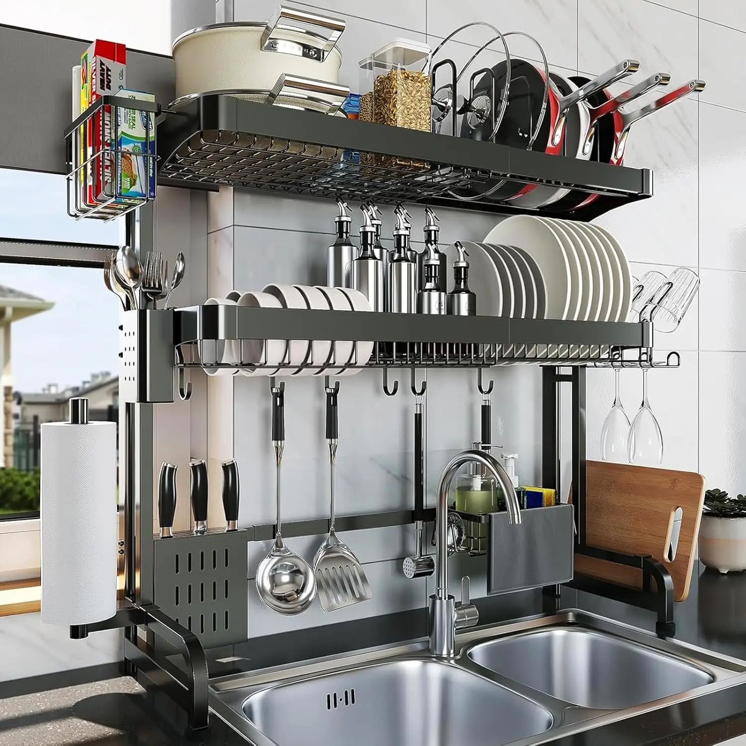 Over The Sink Dish Drying Rack,3 Tier Adjustable Length Full Stainless Steel Large Storage Kitchen Dish Rack,for Kitchen Counter