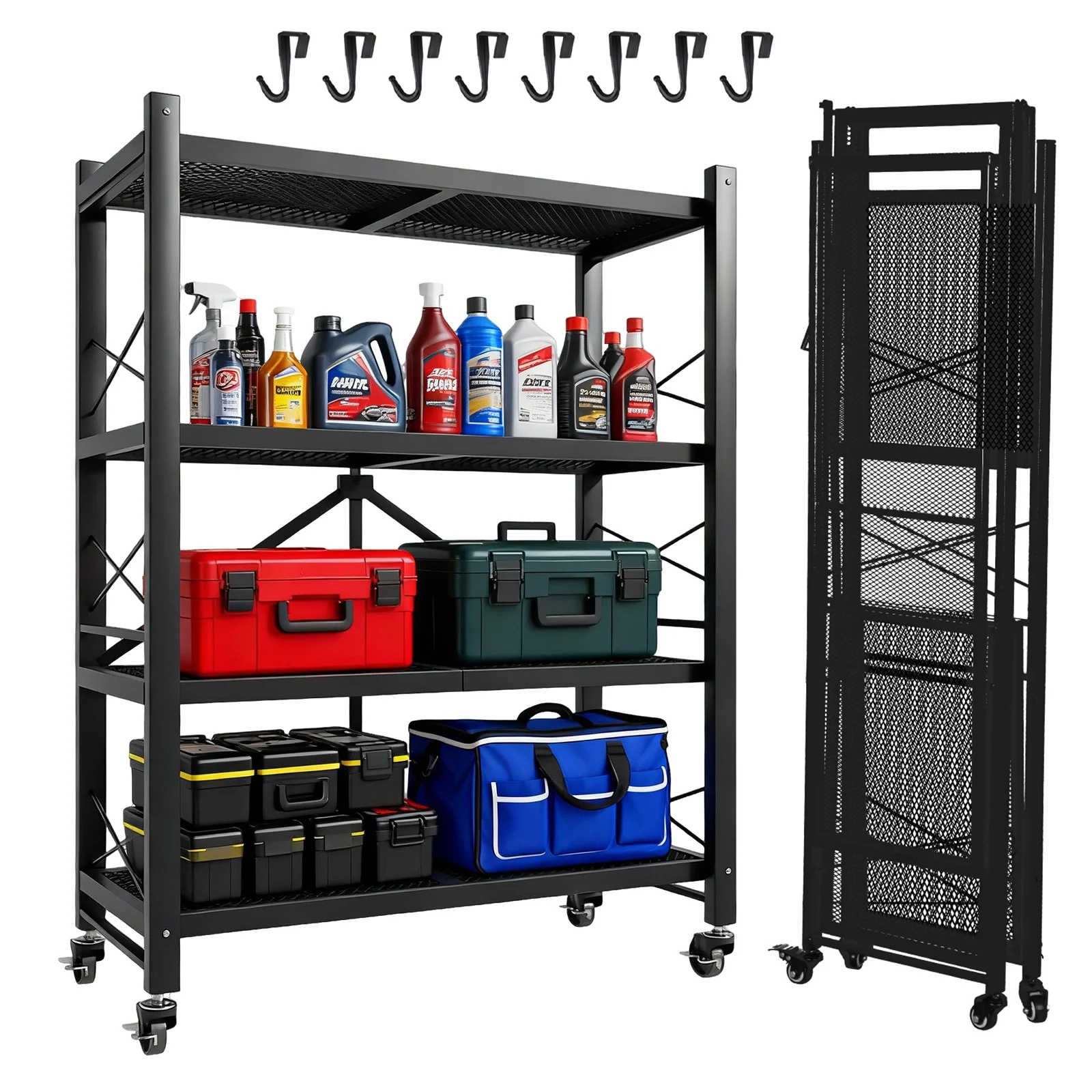 

Heavy-Duty Folding Storage Shelves with Wheels - No Assembly Required Iron Shelving Unit, Standing Rack Suitable for Garage, Kit