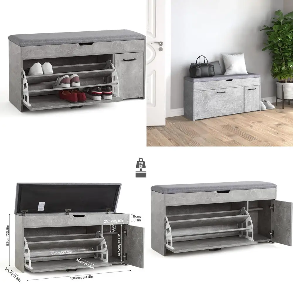 

Modern Wooden Shoe Storage Bench with Seat Cushion and Flip-up Drawer for Hallway Entryway