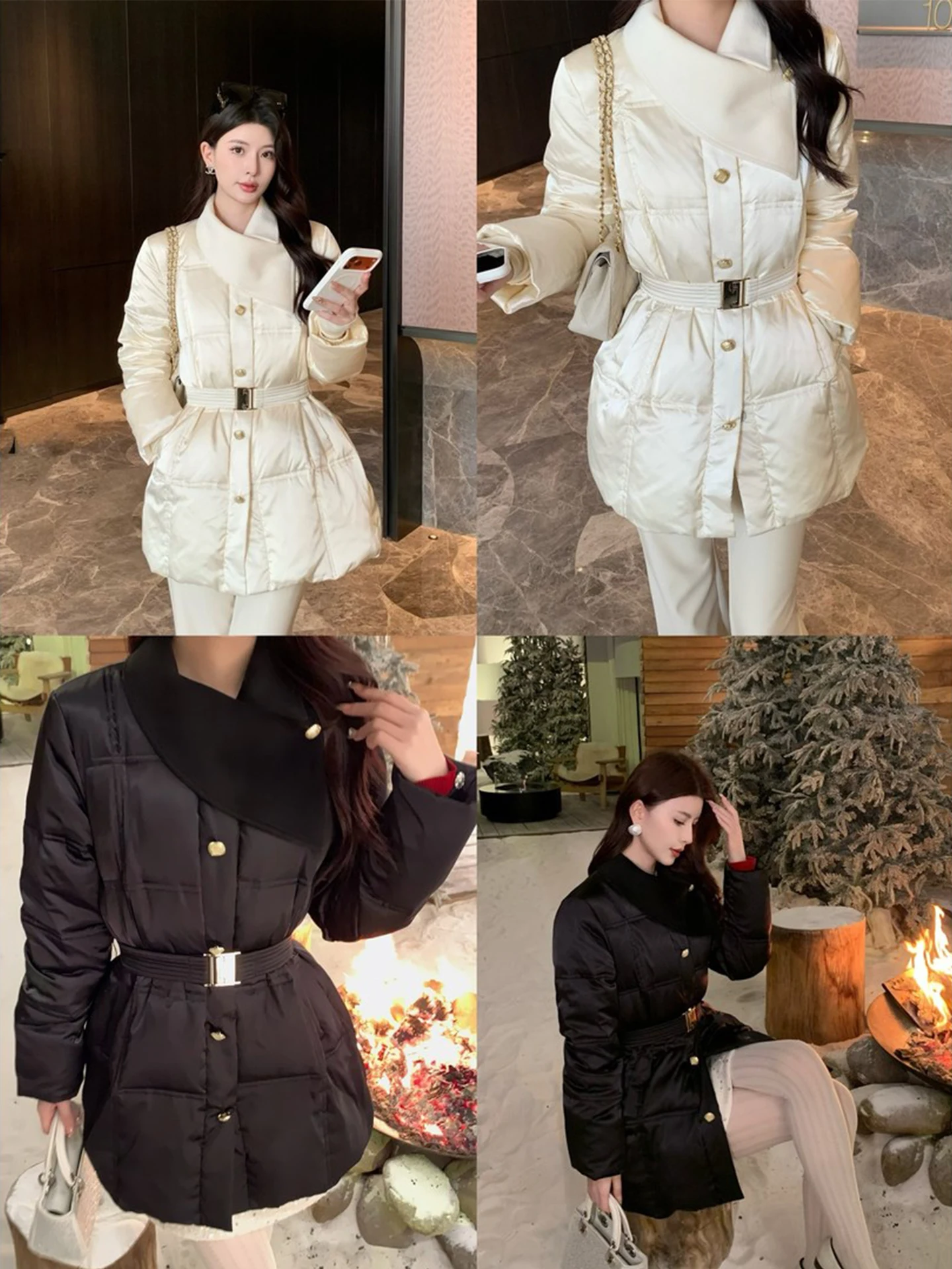 

Ele Silk down Jaet Women's Mid-Length Waist-Cinching Thi Coat KingUsefulNatual Brand White Du Feather Warm Long Sve