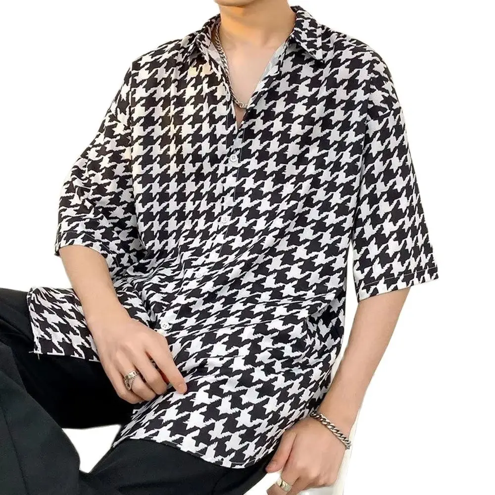 Ladiguard 2024 Mens Short Sleeve Casual Loose Blouse Korean Fashion Houndstooth Print Shirts Masculina Camisa Top blusas Hommes