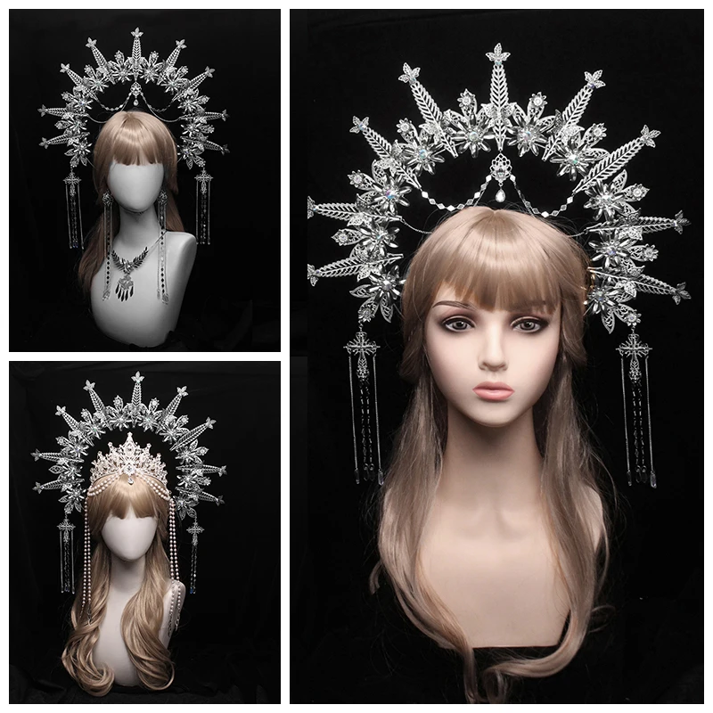 Unfinished Gothic Lolita Baroque Cross Goddess Crown Headband Cosplay Gorgeous Vintage Baroque Tiara DIY Princess Headpieces