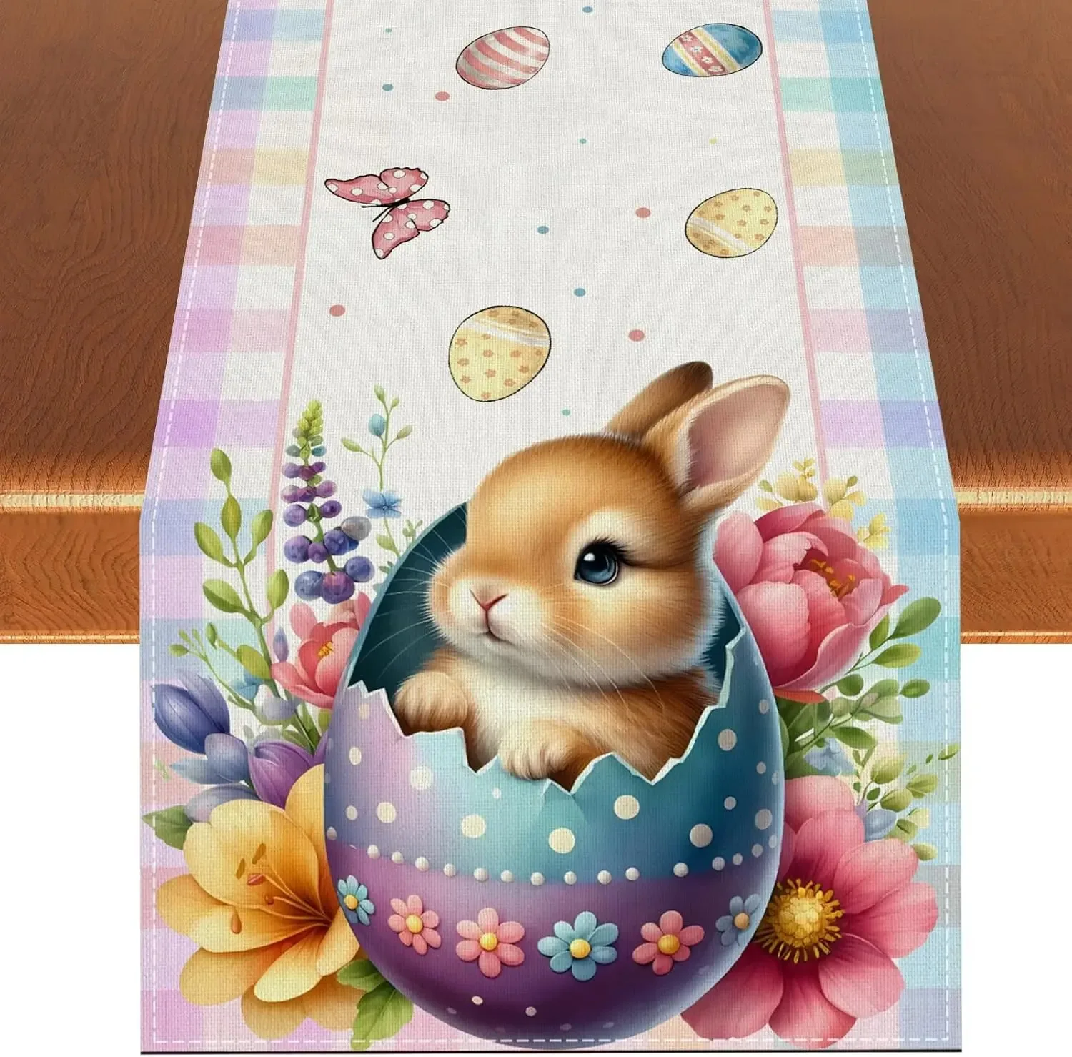 Easter Table Runner, Cute Bunny in Cracked Egg Floral Butterfly Print, Pastel Plaid Border Spring Holiday Dining Decor