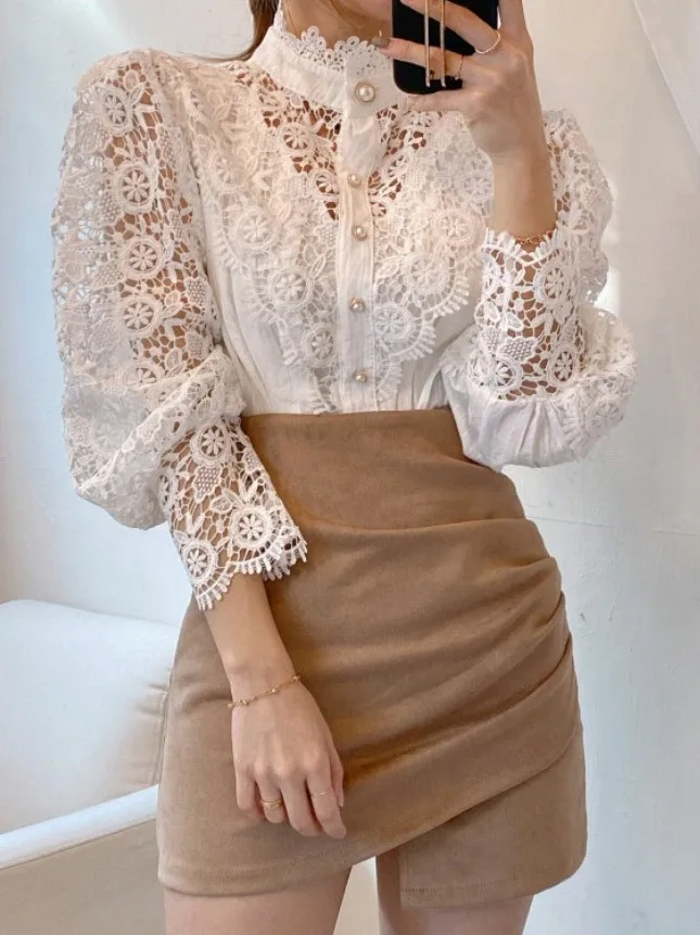 Ele Lace irt dames herfst nieuwe Sle 2025, afslanken uitgehold zwaar borduurwerk Splice trendy lange Sve opstaande kraag