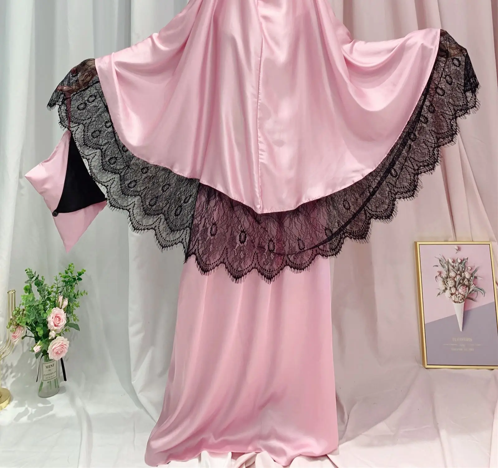 

2024 New Middle East Dubai Large Lace Dr PA00 Long Sve round Ne Pure Color Maxi Dr for plus Size Women