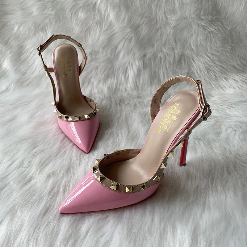 Free Shipping 2023 New Style TOMONYE Pink Patent Shiny Leather Stud Rivets Women Lady Plus Small Size33 44 45 120mm high heel