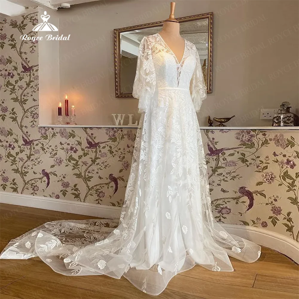 Очаровательное свадебное платье Roycebridal из двух частей, ТРАПЕЦИЕВИДНОЕ Тюлевое атласное платье с V-образным вырезом и кружевной аппликацией, женские платья со шлейфом для невесты