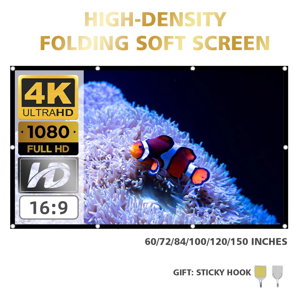 Projector Screen Portable Foldable Projection Screen 60/72/84/100/120/150 Inch 16:9 Outdoor Movie Screen For Travel Home Theater